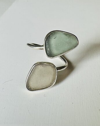 Pierścionek Open ze szkłem morskim Doubletrouble, bluewavestudio