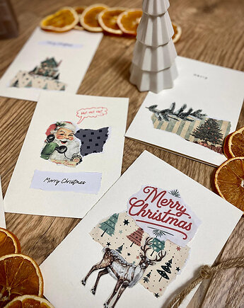 Retro, kolażowe kartki świąteczne - zestaw 5 szt, SewNSpray