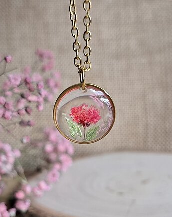 Łąka kwiatowa pomarańczowa zawieszka złoty wisiorek kwiaty żywica, zkwiatem