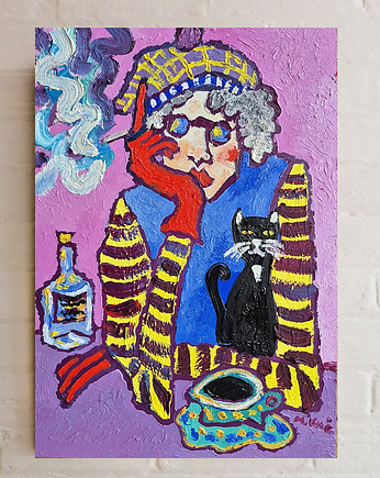 Obraz ręcznie malowany kolorowy obraz popołudnie z kotem, alice oil on canvas