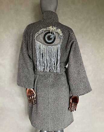 Płaszcz kimono wełna alpaka patchworkowe oko z frędzlami., PinPin