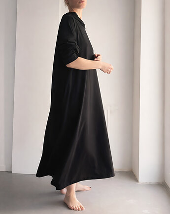 Czarna sukienka lniana maxi z kapturem i kieszeniami, ONE MUG A DAY