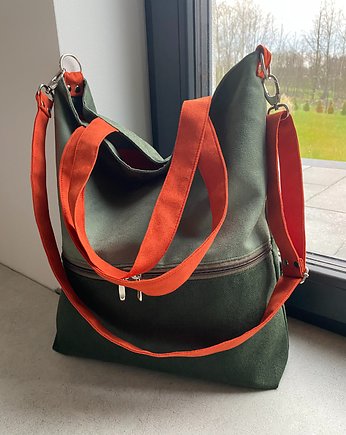 Duża torba na ramię z zapinaną kieszenią - zielono-pomarańczowa, PRACOWNIA 166
