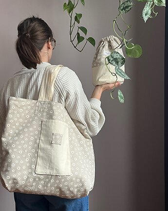 Zestaw: torba dwustronna + kosmetyczka  stokrotki, boytel tasha