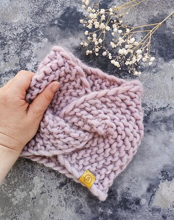 WOOLY wełniana opaska twist pudrowy róż, sploteka