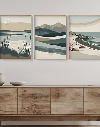 Stylowy zestaw 3 plakatów do salonu, sypialni, natura, góry, morze, jeziora., Grawisfera