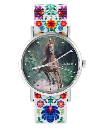 Zegarek - Koń las - folk biały, nylonowy, yenoo