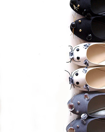 Balerinki buty Myszki ozdoby czarny szary biały, OKAZJE - Prezent na Baby shower