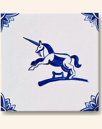 Kafelek ręcznie malowany z jednorożcem - holenderski, AZUL kafelki