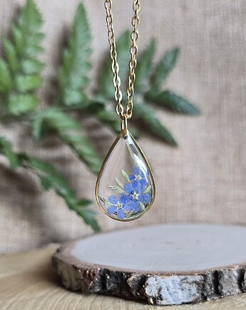 Złoty wisiorek prawdziwe kwiaty zawieszka łezka łza niezapominajki, zkwiatem