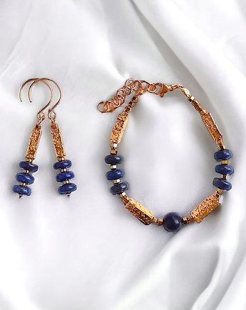 KOMPLET bransoletka i kolczyki LAPIS LAZULI i  LAWA : granat i złoto, kaktusia