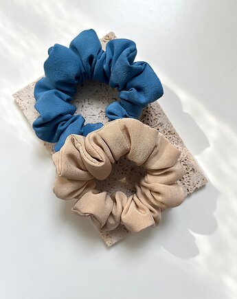 Zestaw 2 jedwabnych scrunchies Blue & Beige Silk - średnica 9 cm, Volie Line