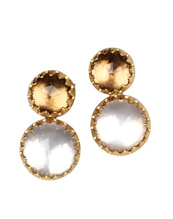 Złote kolczyki retro z kwarcem różowym i dymnym, Blooming Stones