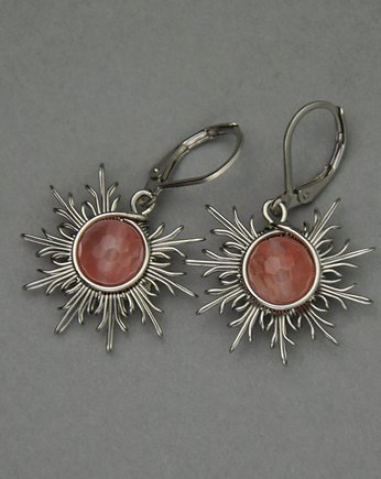 Różowe kolczyki słońce kwarc malinowy wire wrapping słoneczka, Agata Rozanska