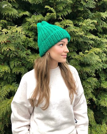 Wełniana zielona czapka Lily long 100% wełna handmade ręcznie robiona, GANGSTA KNIT