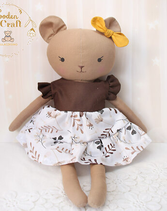 Miś Zoya przytulanka w brązowej sukieneczce z falbankami GOTOWY, Lulaczkowo