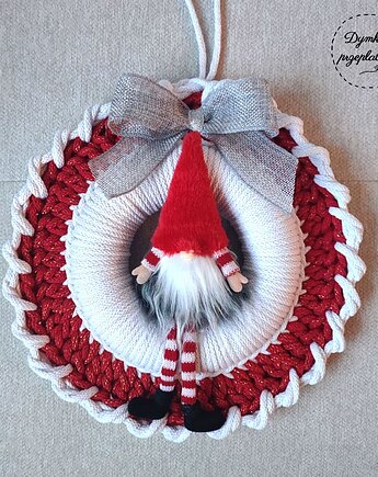 Wianek świąteczny z Mikołajem biało czerwony 27 cm, Dymkowe Przeplatanki