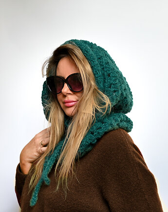 Balaclava alpaka  i jedwab handmade, ręcznie szydełkowana zimowa kominiarka, kwiaty biżuteria