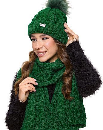 Komplet damski czapka z pomponem i szal zimowy zielony C03, Ella Dora