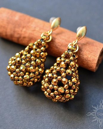Ażurowe krople z hematytu II, kolczyki, beading, Sol