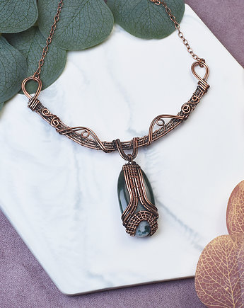Miedziany naszyjnik wire wrapping z agatem mszystym #494, Spirit Of Copper