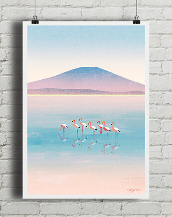 Plakat Flamingi - odbicie w jeziorze, minimalmill