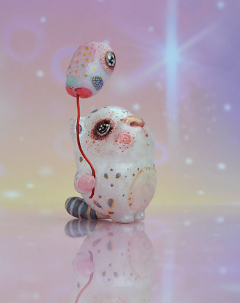 Kotulek grubasek z ptaszkiem balonikiem, figurka kota z gliny polimerowej, AnimalsAndStrangers