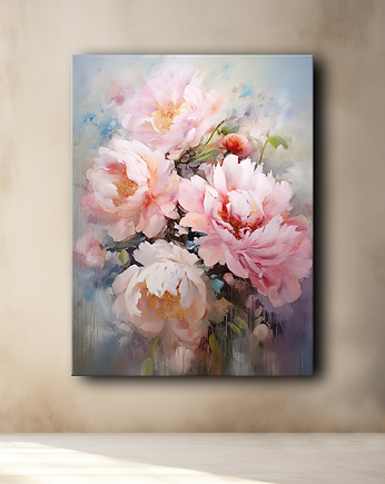 Kwiaty peonie - Obraz na płótnie - Druk, Blejtrama - Akwarela, Boho #18, Black Sapphire Art
