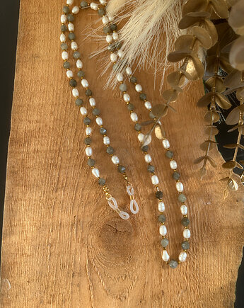 Łańcuszek do okularów z kamieniami: agat mszysty, hematyt i perły hodowlane, Blask Natury