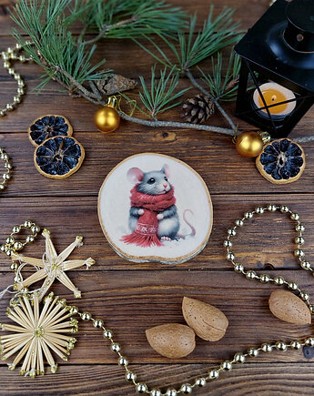 Brzozowa podkładka pod kubek, świąteczna zawieszka - myszka, Manufa