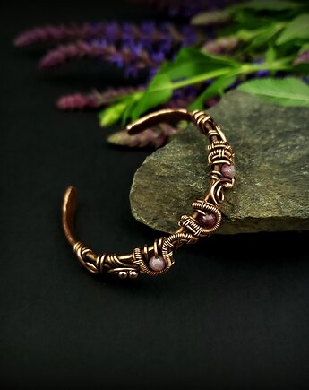 Miedziana bransoleta cuff z różowym turmalinem, Blue Pearl Art