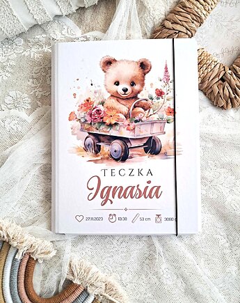 TECZKA MIŚ W WÓZKU z metryczką, prezent na roczek, narodziny, Chrzest, LOO LOO DREAM