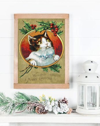 PLAKAT kot świąteczny vintage grafika, black dot studio