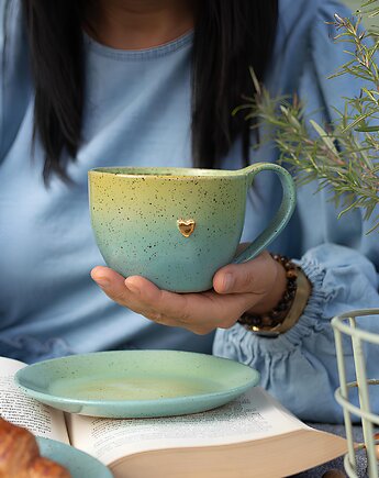 Kubek ceramiczny handmade 400 ml limonkowo-turkusowy z afirmacją, GajaArte