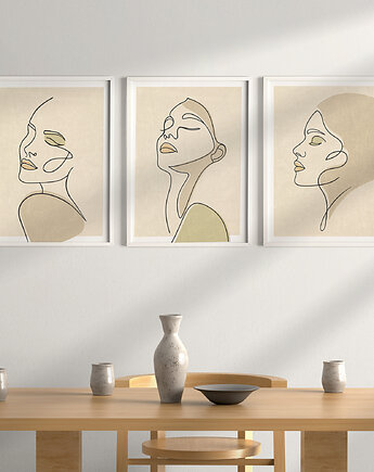 Zestaw 3 stylowych plakatów w stylu Boho, kobieta, twarz, line art., Grawisfera