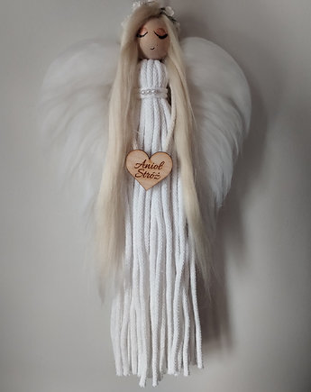Anioł Stróż biały pleciony ze sznurka dekoracja makrama, ekosznurek