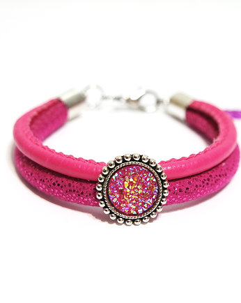 Bransoletka - Róż, amarant, druzy - rzemienie, yenoo