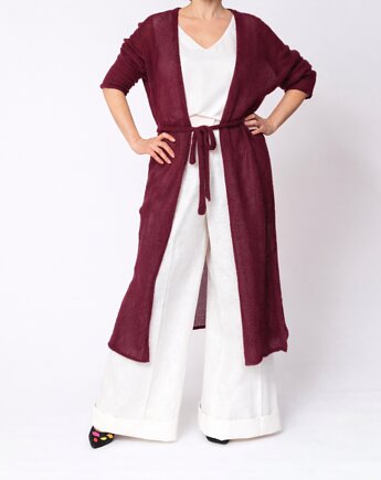 Długi kardigan wełniany z paskiem - Bakłażanowy, YOU by Tokarska