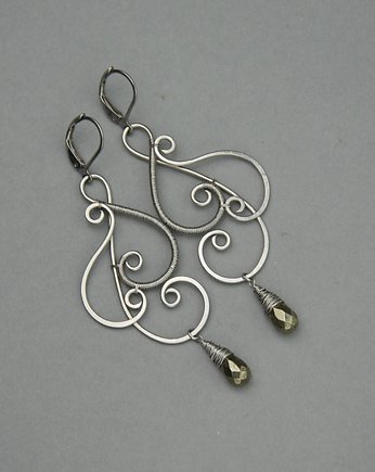 Długie kolczyki  złoty piryt  wire wrapping, Agata Rozanska