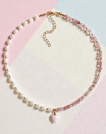 Naszyjnik z serduszkiem : perły, kwarc truskawkowy, kaktusia