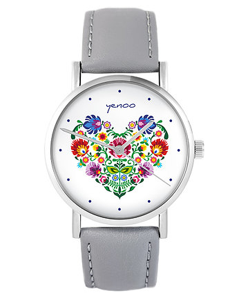 Zegarek - Folkowe serce - szary, skórzany, yenoo