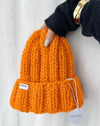 Gruba wełniana czapka beanie pomarańczowa 100% wełna handmade, GANGSTA KNIT