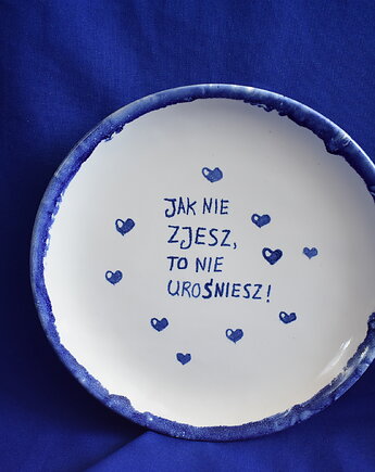 Talerz ceramiczny deserowy "Jak nie zjesz to nie urośniesz", Kobaltowa Sroka
