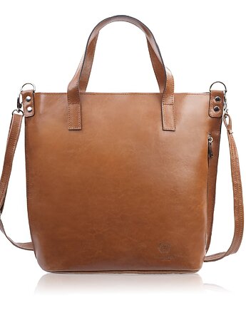 Torebka damska na ramię skórzana klasyczna shopperka koniakowa Z-59-CG, Paolo Peruzzi