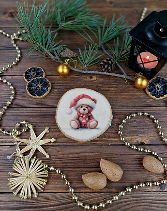 Brzozowa podkładka pod kubek, świąteczna zawieszka - miś, Manufa