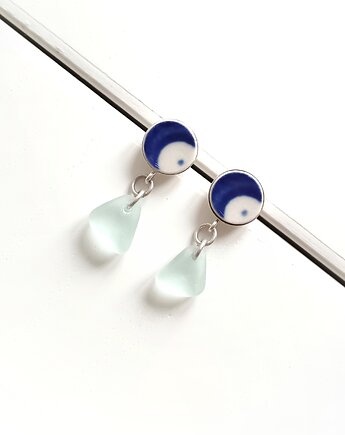 Kolczyki ceramiczne Bolesławiec + szkło z morza, biżuteria z talerzy