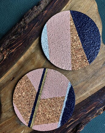 Cork Modern NavyBlue&Pink Set of 2 Coasters, QUKI