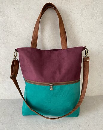 Duża torba z zapinaną kieszenią - oberżyna, zieleń, koniak, PRACOWNIA 166