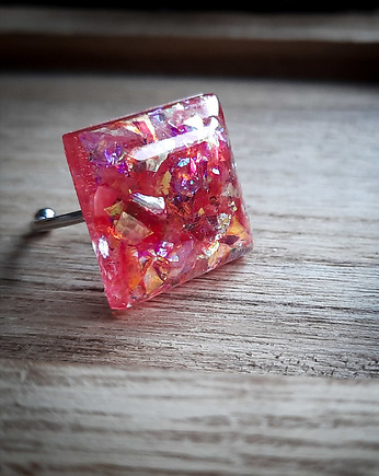 Kwadratowy pierścionek z  brokatem, Figa handmade accessories