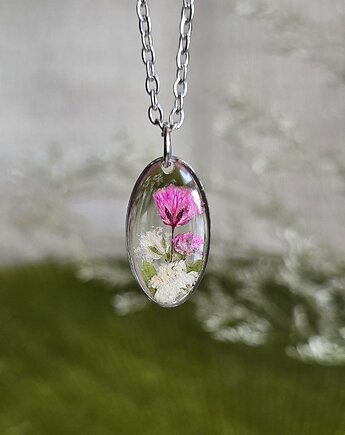 Srebrna zawieszka jajowata suszone kwiaty różowe bukiet kwiatowy, zkwiatem